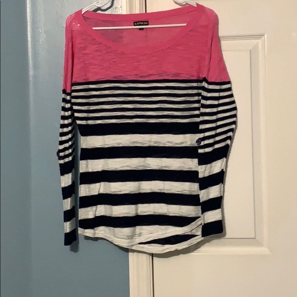 Pink sweater with navy and white stripes
